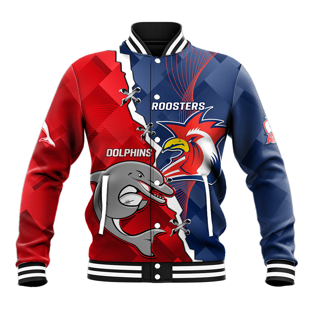 Personalised Dolphins And Roosters Rugby Baseball Jacket NRL Sporty Style