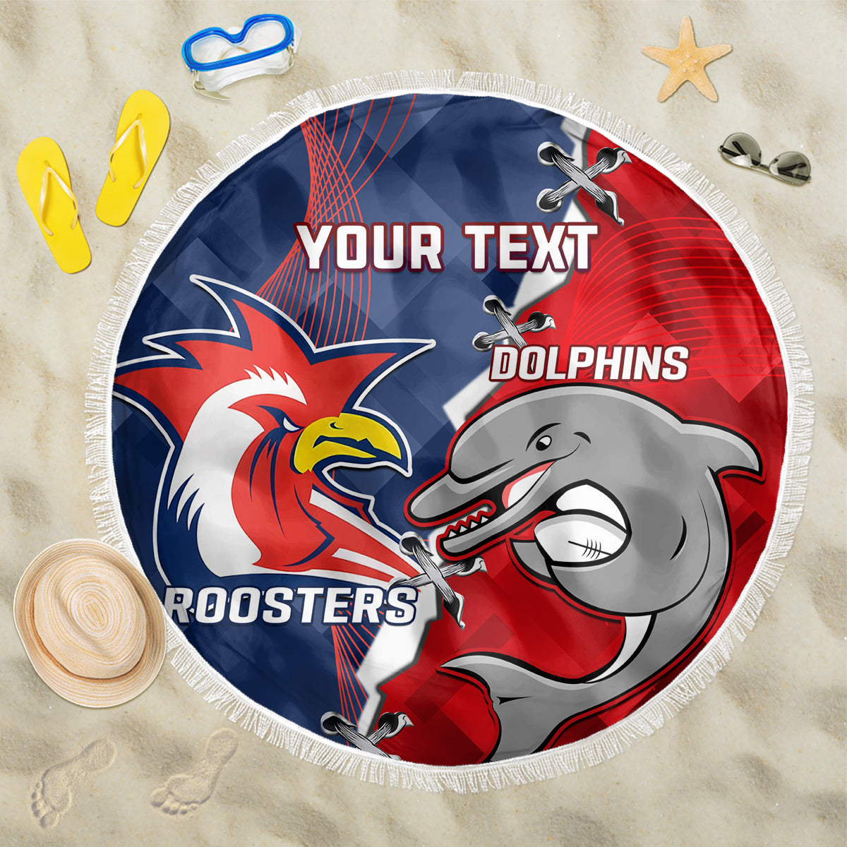 Personalised Dolphins And Roosters Rugby Beach Blanket NRL Sporty Style