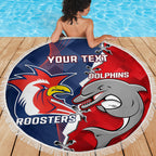Personalised Dolphins And Roosters Rugby Beach Blanket NRL Sporty Style