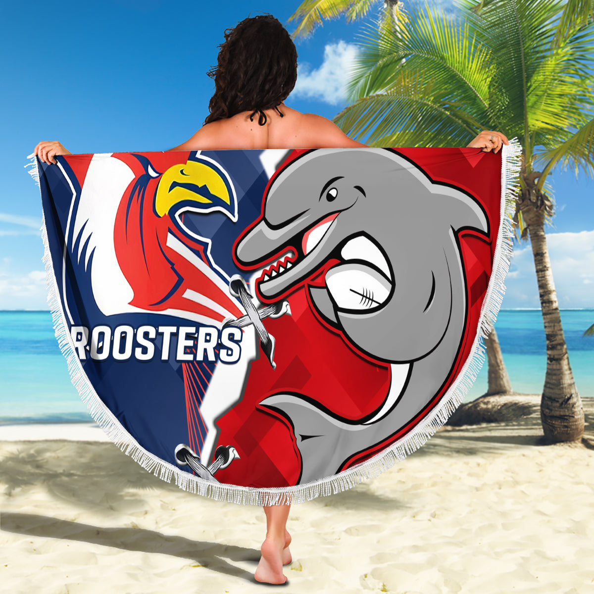 Personalised Dolphins And Roosters Rugby Beach Blanket NRL Sporty Style