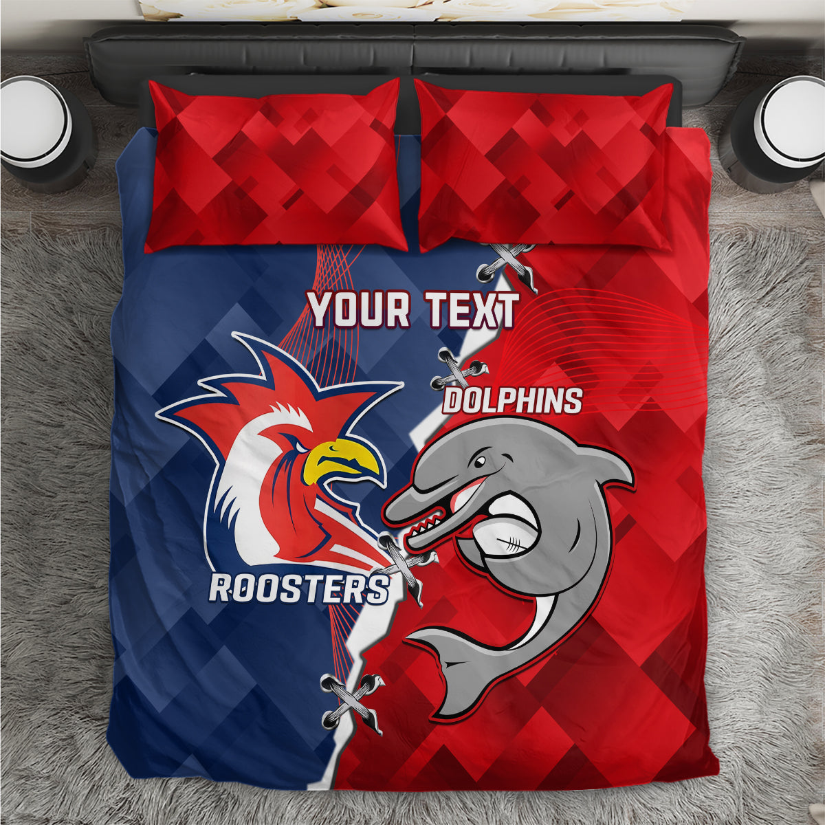 Personalised Dolphins And Roosters Rugby Bedding Set NRL Sporty Style