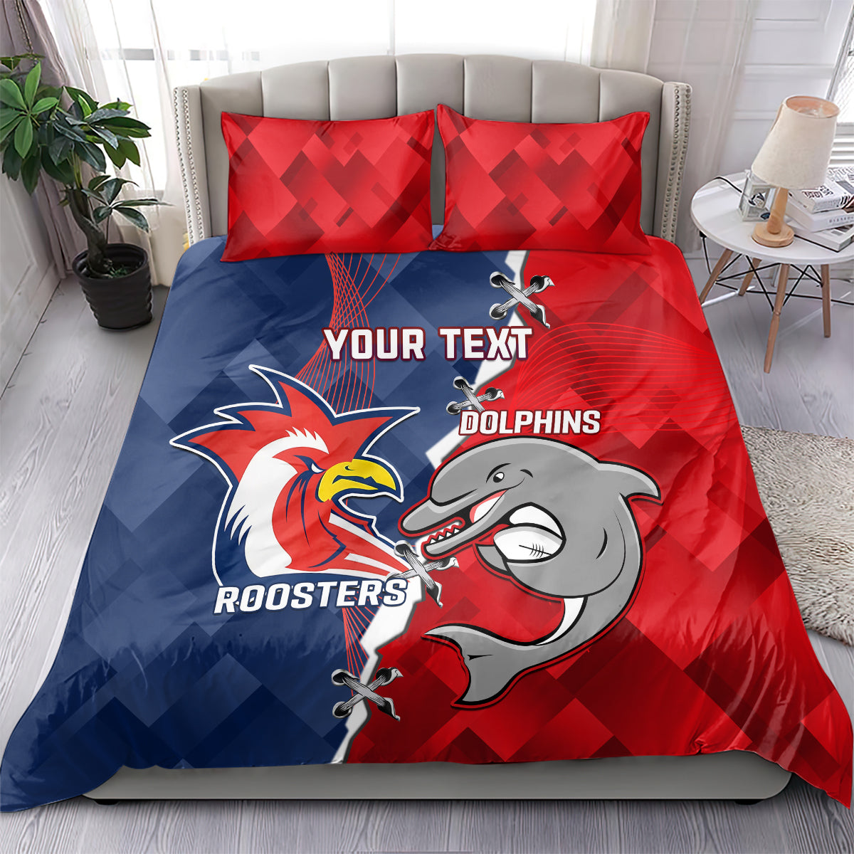 Personalised Dolphins And Roosters Rugby Bedding Set NRL Sporty Style
