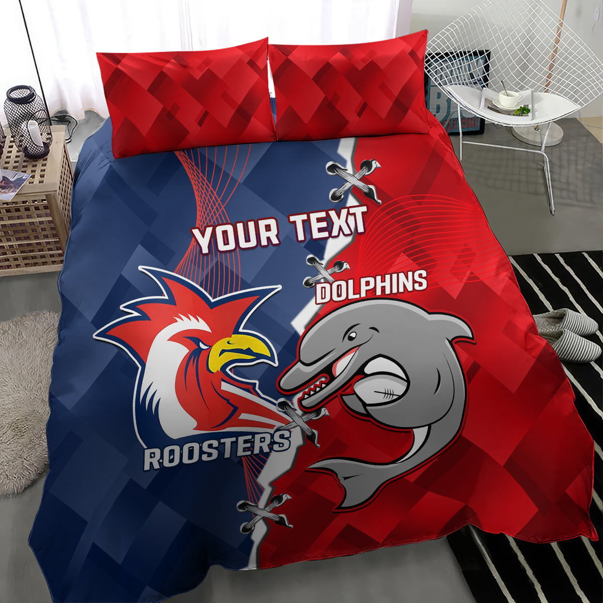 Personalised Dolphins And Roosters Rugby Bedding Set NRL Sporty Style