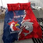 Personalised Dolphins And Roosters Rugby Bedding Set NRL Sporty Style