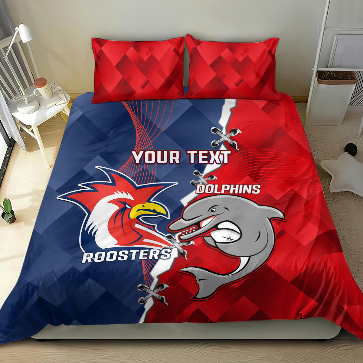 Personalised Dolphins And Roosters Rugby Bedding Set NRL Sporty Style