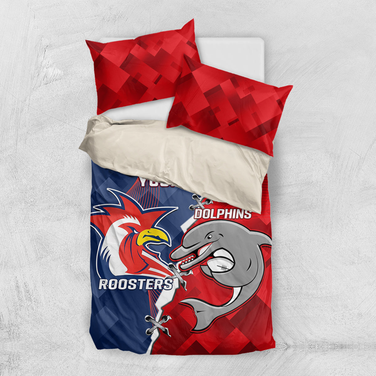 Personalised Dolphins And Roosters Rugby Bedding Set NRL Sporty Style