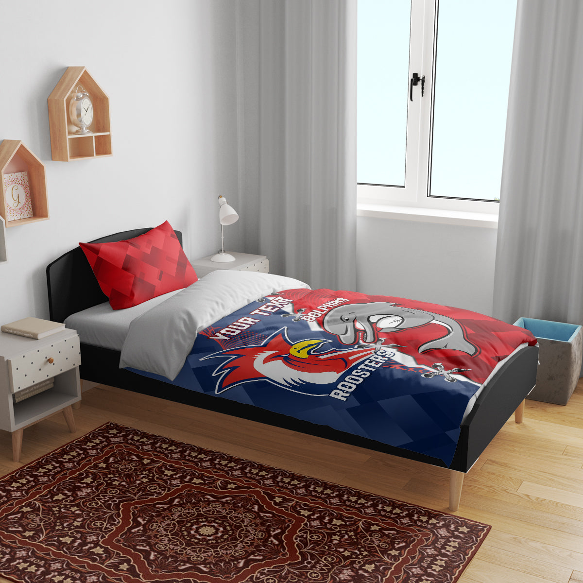 Personalised Dolphins And Roosters Rugby Bedding Set NRL Sporty Style