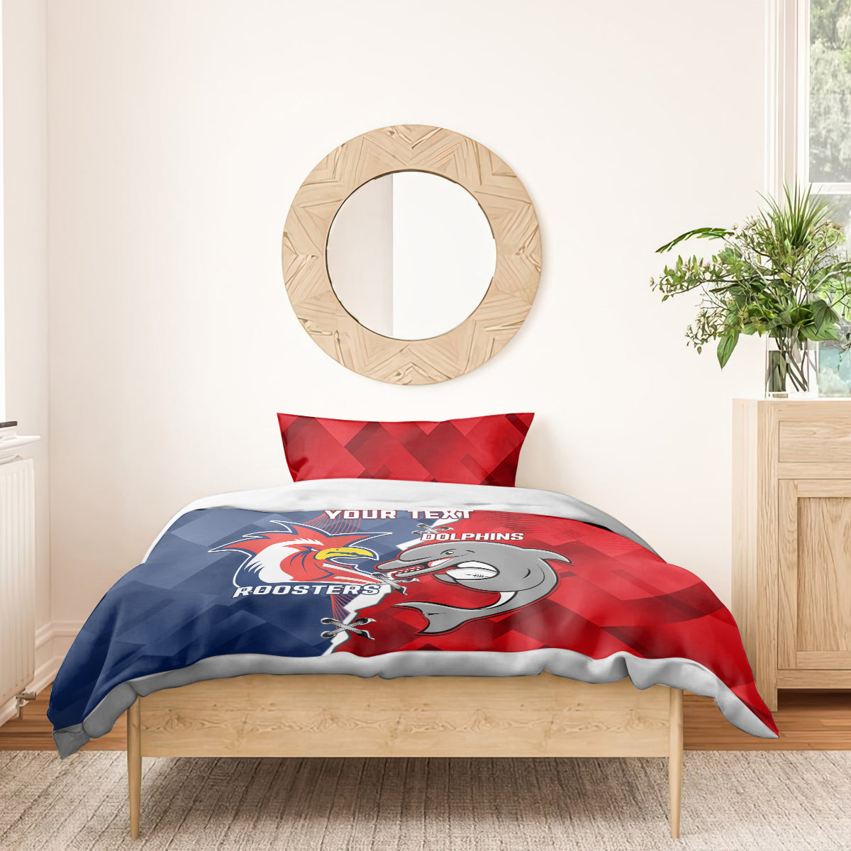 Personalised Dolphins And Roosters Rugby Bedding Set NRL Sporty Style