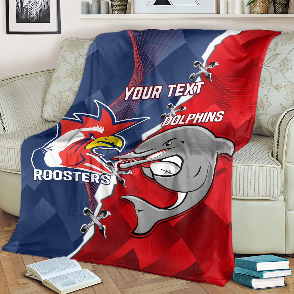 Personalised Dolphins And Roosters Rugby Blanket NRL Sporty Style