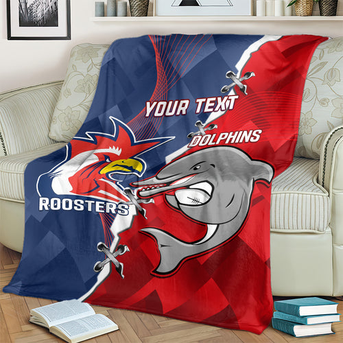 Personalised Dolphins And Roosters Rugby Blanket NRL Sporty Style
