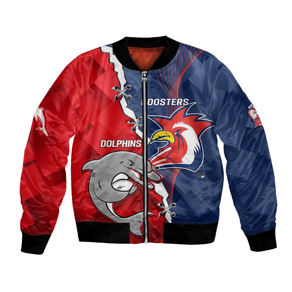 Personalised Dolphins And Roosters Rugby Bomber Jacket NRL Sporty Style