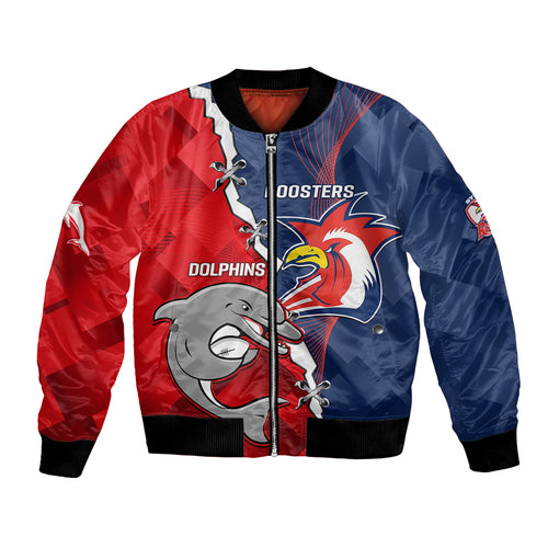 Personalised Dolphins And Roosters Rugby Bomber Jacket NRL Sporty Style