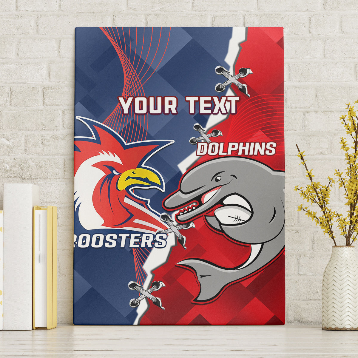 Personalised Dolphins And Roosters Rugby Canvas Wall Art NRL Sporty Style
