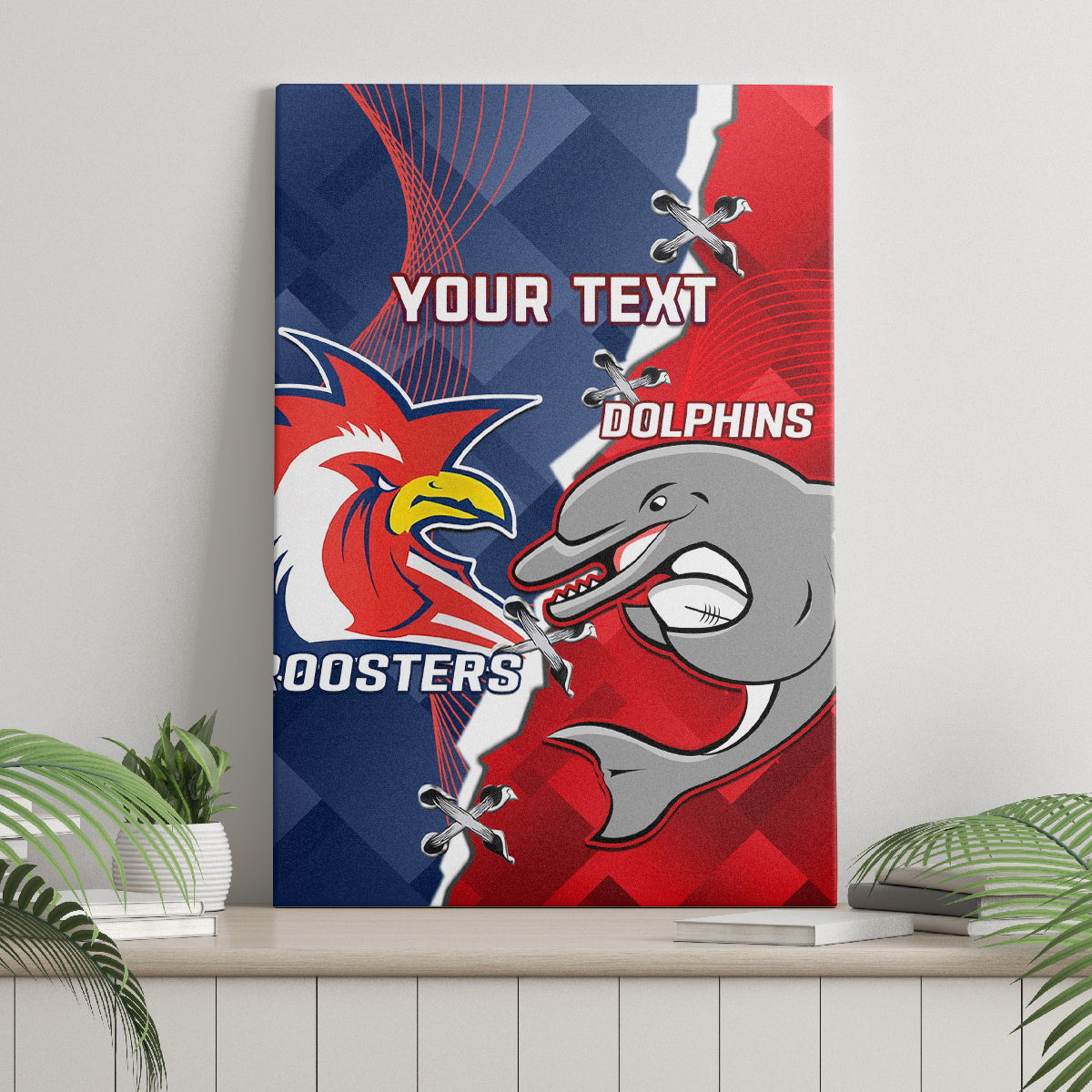 Personalised Dolphins And Roosters Rugby Canvas Wall Art NRL Sporty Style