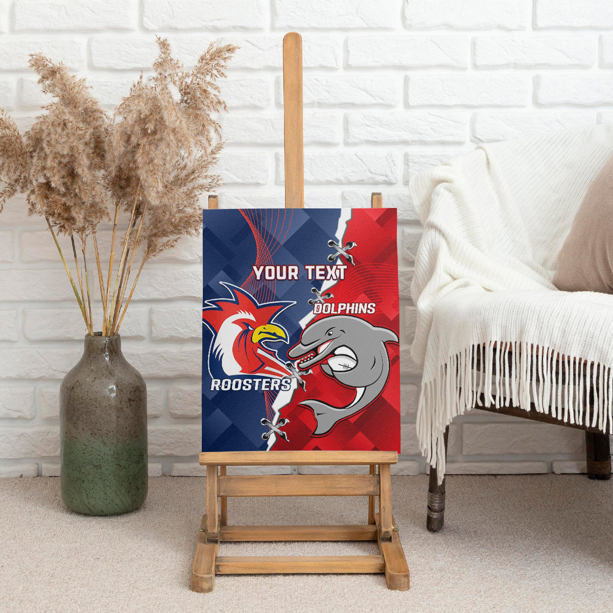 Personalised Dolphins And Roosters Rugby Canvas Wall Art NRL Sporty Style