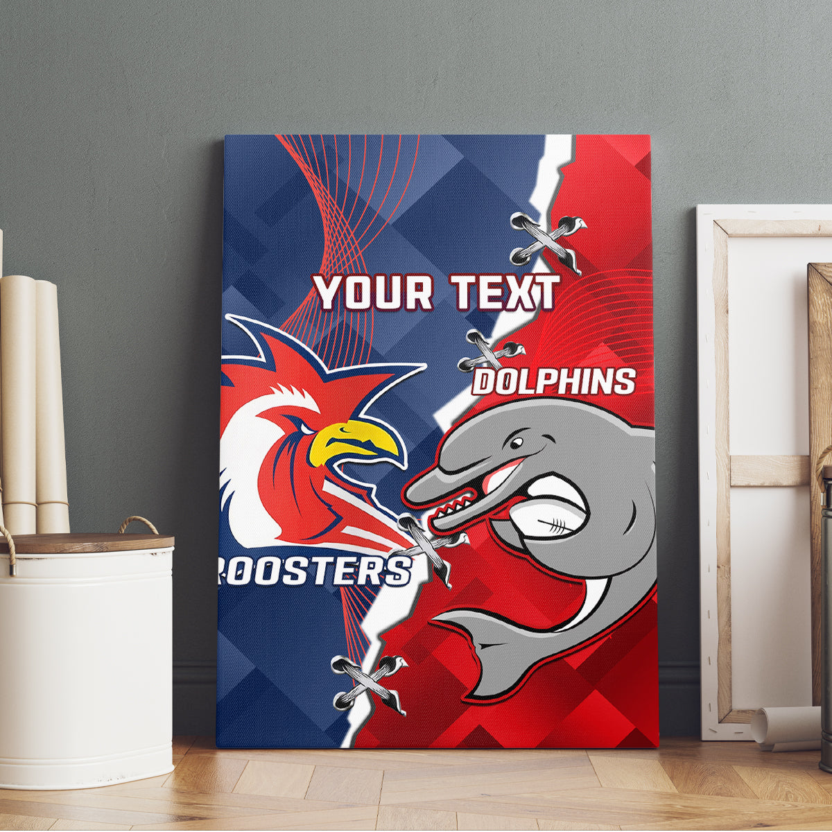 Personalised Dolphins And Roosters Rugby Canvas Wall Art NRL Sporty Style