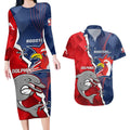 Personalised Dolphins And Roosters Rugby Couples Matching Long Sleeve Bodycon Dress and Hawaiian Shirt NRL Sporty Style