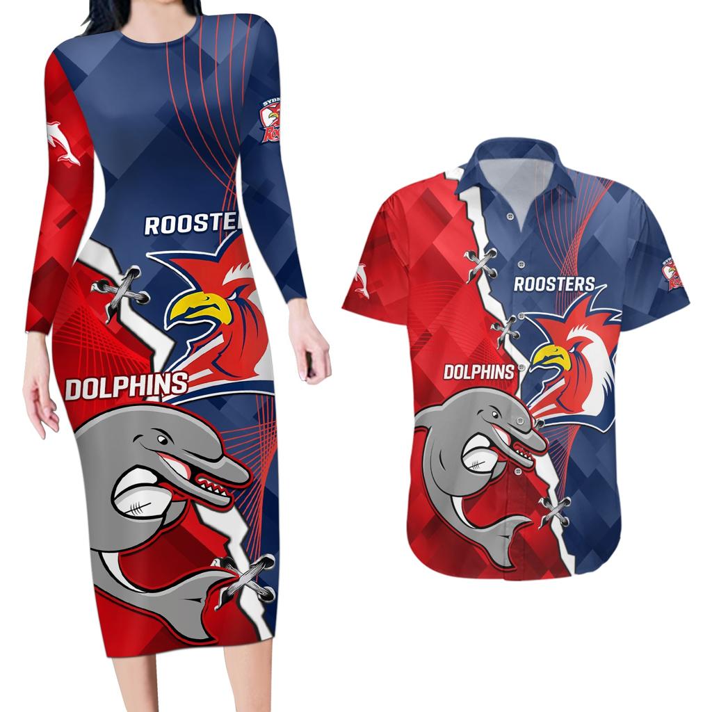 Personalised Dolphins And Roosters Rugby Couples Matching Long Sleeve Bodycon Dress and Hawaiian Shirt NRL Sporty Style