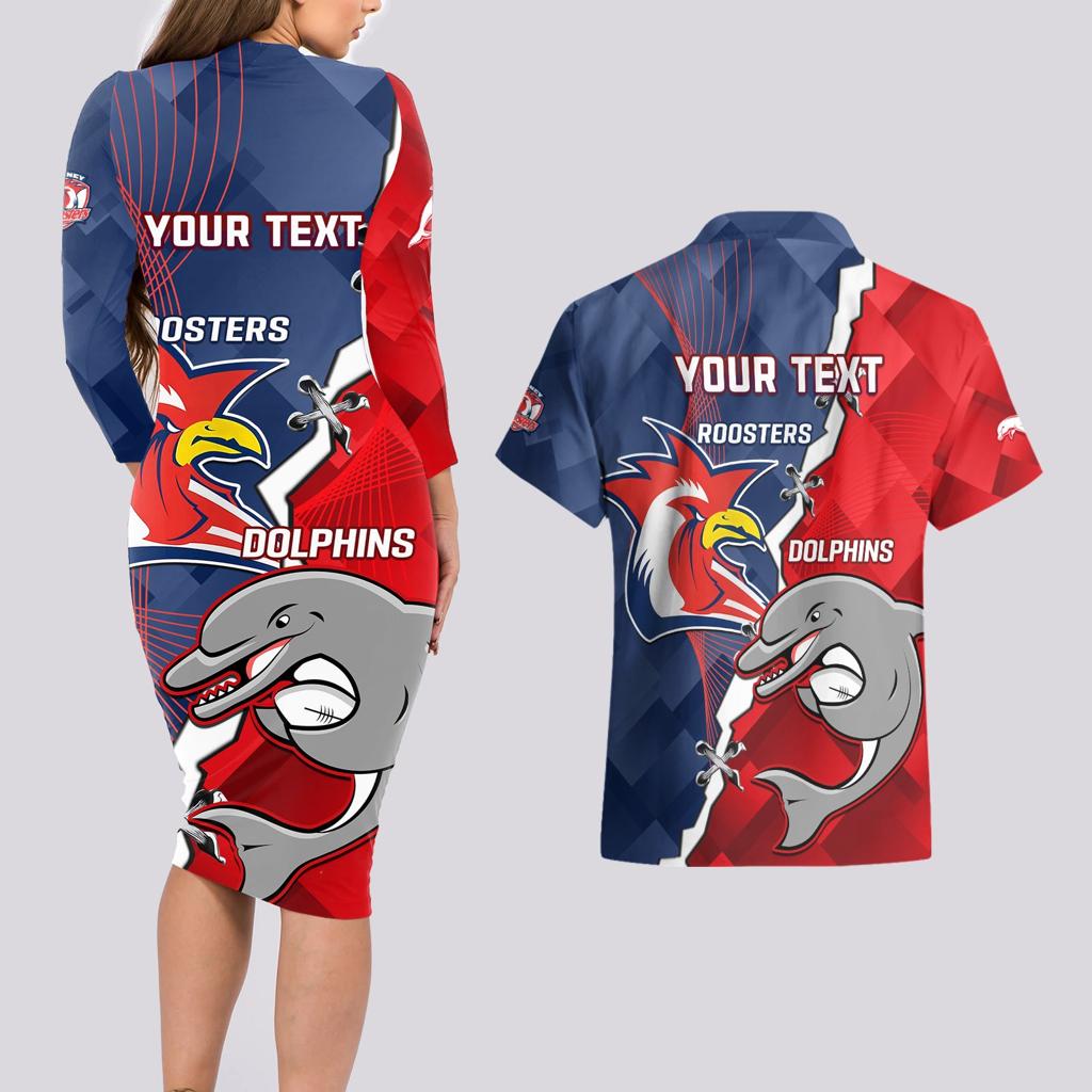 Personalised Dolphins And Roosters Rugby Couples Matching Long Sleeve Bodycon Dress and Hawaiian Shirt NRL Sporty Style