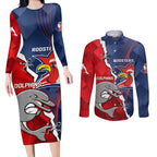 Personalised Dolphins And Roosters Rugby Couples Matching Long Sleeve Bodycon Dress and Long Sleeve Button Shirt NRL Sporty Style