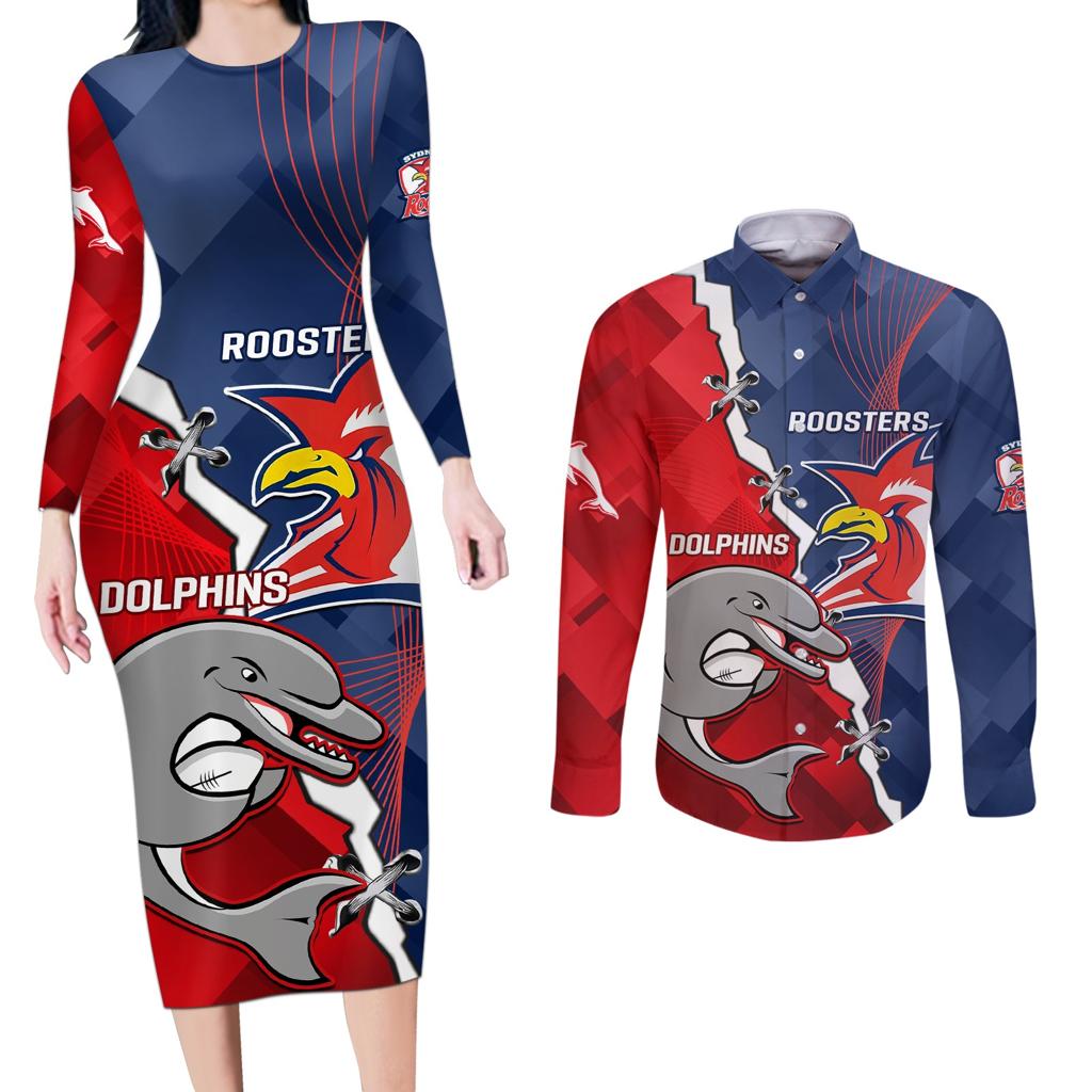 Personalised Dolphins And Roosters Rugby Couples Matching Long Sleeve Bodycon Dress and Long Sleeve Button Shirt NRL Sporty Style