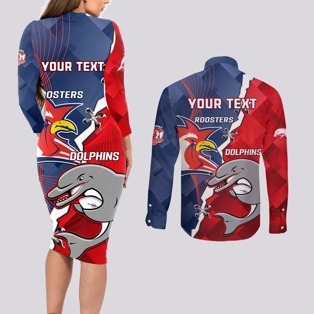 Personalised Dolphins And Roosters Rugby Couples Matching Long Sleeve Bodycon Dress and Long Sleeve Button Shirt NRL Sporty Style