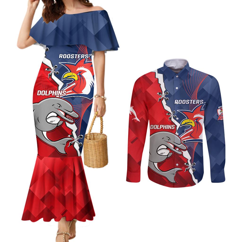 Personalised Dolphins And Roosters Rugby Couples Matching Mermaid Dress and Long Sleeve Button Shirt NRL Sporty Style