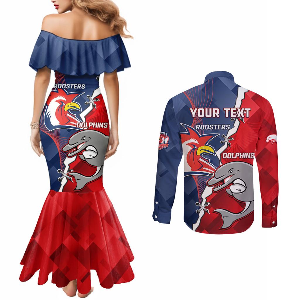 Personalised Dolphins And Roosters Rugby Couples Matching Mermaid Dress and Long Sleeve Button Shirt NRL Sporty Style