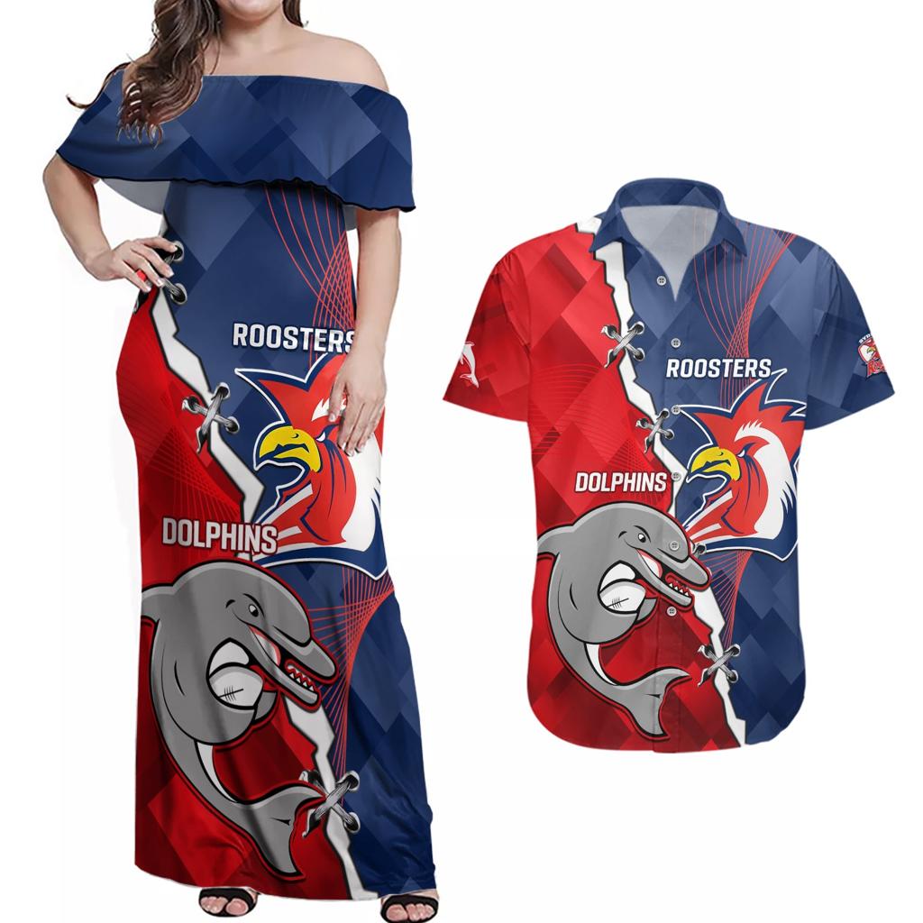 Personalised Dolphins And Roosters Rugby Couples Matching Off Shoulder Maxi Dress and Hawaiian Shirt NRL Sporty Style