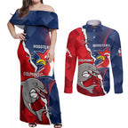 Personalised Dolphins And Roosters Rugby Couples Matching Off Shoulder Maxi Dress and Long Sleeve Button Shirt NRL Sporty Style