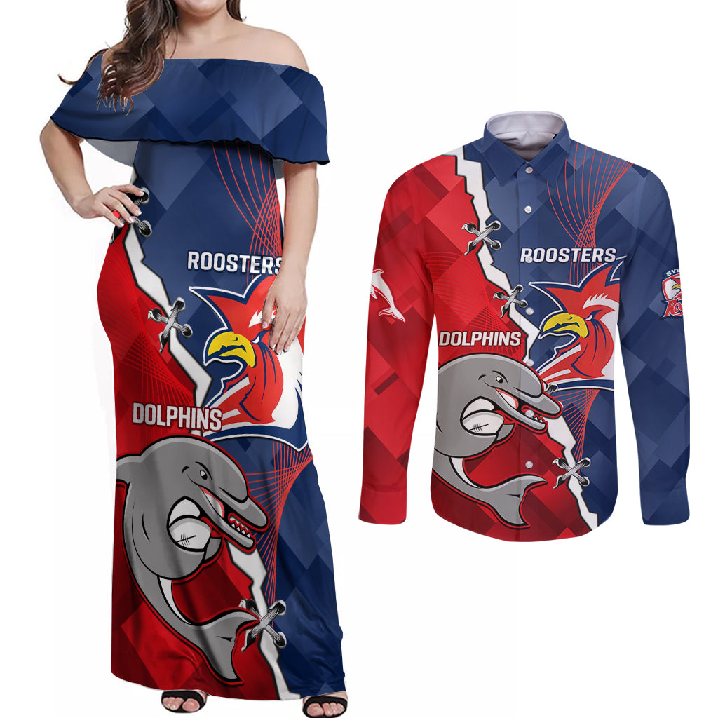 Personalised Dolphins And Roosters Rugby Couples Matching Off Shoulder Maxi Dress and Long Sleeve Button Shirt NRL Sporty Style
