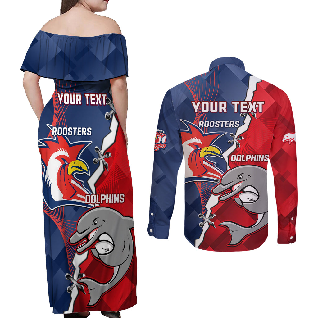 Personalised Dolphins And Roosters Rugby Couples Matching Off Shoulder Maxi Dress and Long Sleeve Button Shirt NRL Sporty Style