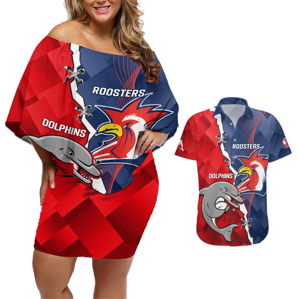Personalised Dolphins And Roosters Rugby Couples Matching Off Shoulder Short Dress and Hawaiian Shirt NRL Sporty Style