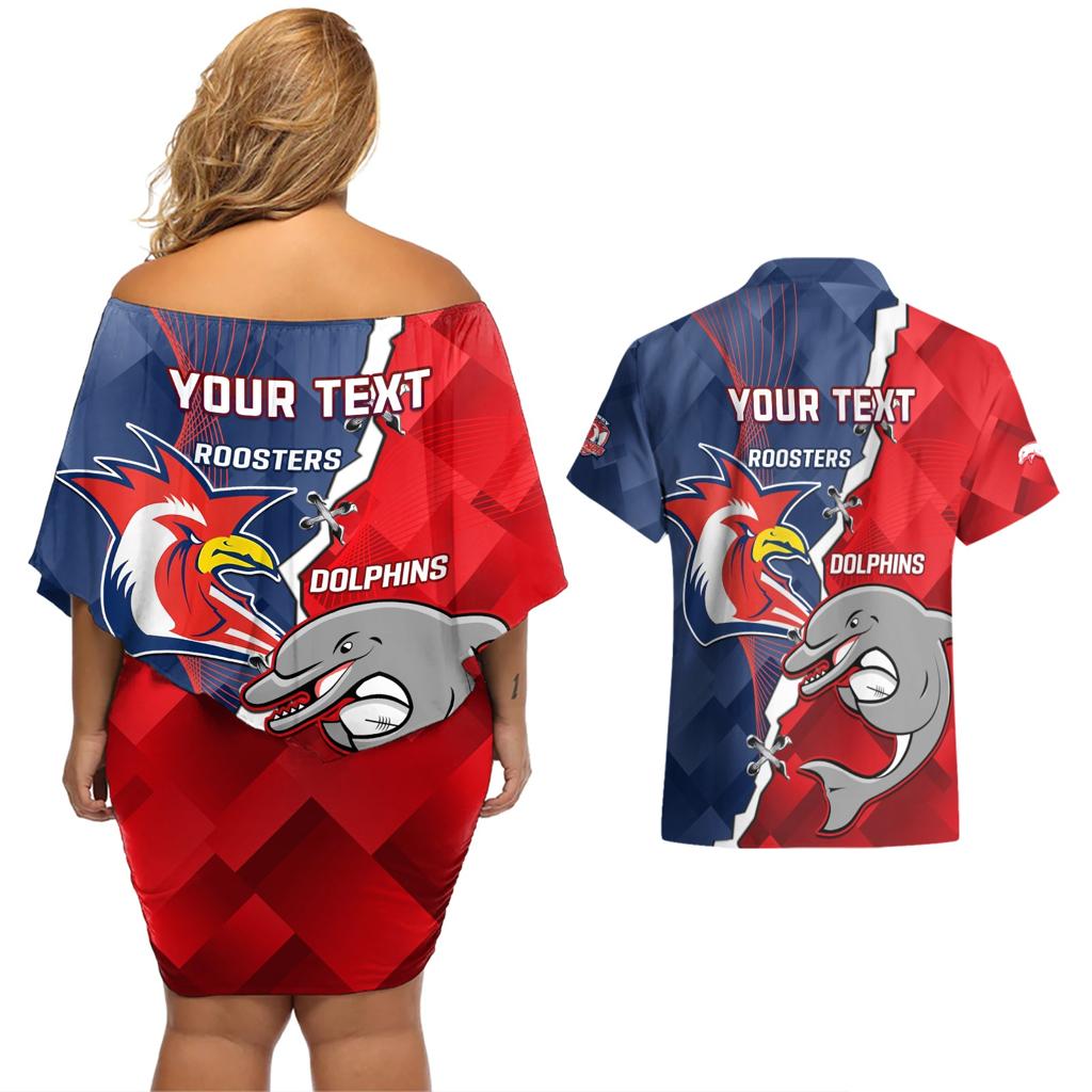 Personalised Dolphins And Roosters Rugby Couples Matching Off Shoulder Short Dress and Hawaiian Shirt NRL Sporty Style