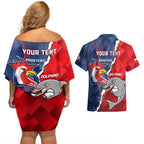 Personalised Dolphins And Roosters Rugby Couples Matching Off Shoulder Short Dress and Hawaiian Shirt NRL Sporty Style