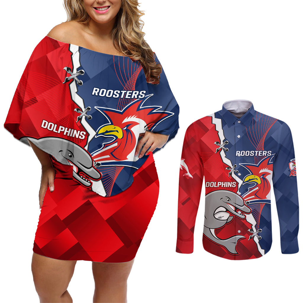 Personalised Dolphins And Roosters Rugby Couples Matching Off Shoulder Short Dress and Long Sleeve Button Shirt NRL Sporty Style