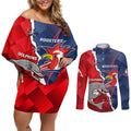 Personalised Dolphins And Roosters Rugby Couples Matching Off Shoulder Short Dress and Long Sleeve Button Shirt NRL Sporty Style