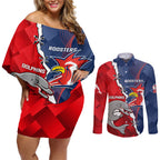 Personalised Dolphins And Roosters Rugby Couples Matching Off Shoulder Short Dress and Long Sleeve Button Shirt NRL Sporty Style