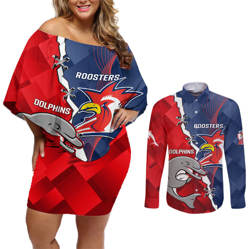 Personalised Dolphins And Roosters Rugby Couples Matching Off Shoulder Short Dress and Long Sleeve Button Shirt NRL Sporty Style
