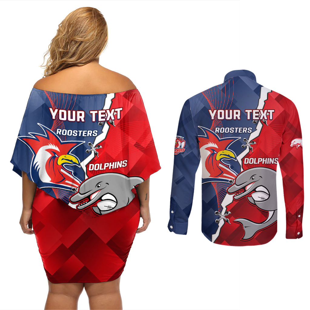 Personalised Dolphins And Roosters Rugby Couples Matching Off Shoulder Short Dress and Long Sleeve Button Shirt NRL Sporty Style