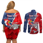 Personalised Dolphins And Roosters Rugby Couples Matching Off Shoulder Short Dress and Long Sleeve Button Shirt NRL Sporty Style