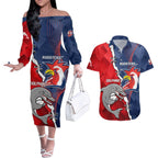 Personalised Dolphins And Roosters Rugby Couples Matching Off The Shoulder Long Sleeve Dress and Hawaiian Shirt NRL Sporty Style