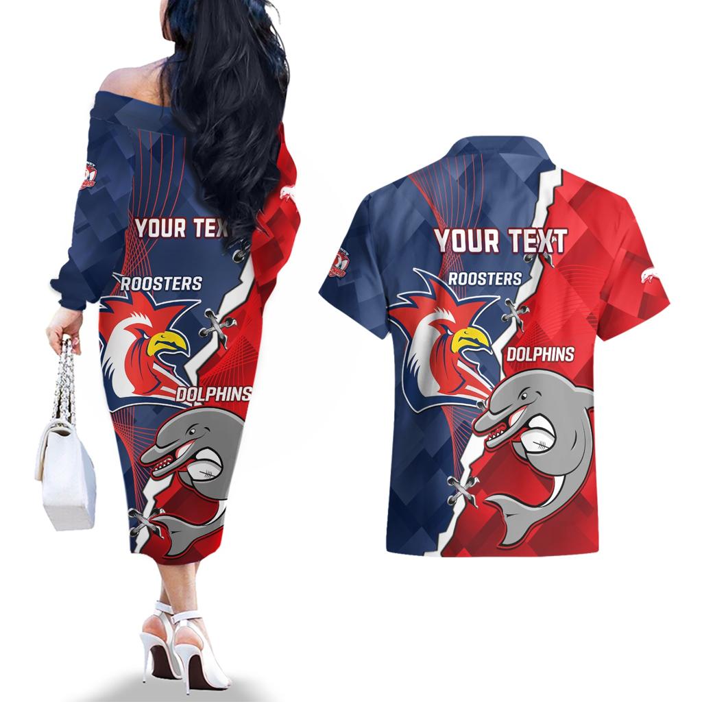 Personalised Dolphins And Roosters Rugby Couples Matching Off The Shoulder Long Sleeve Dress and Hawaiian Shirt NRL Sporty Style