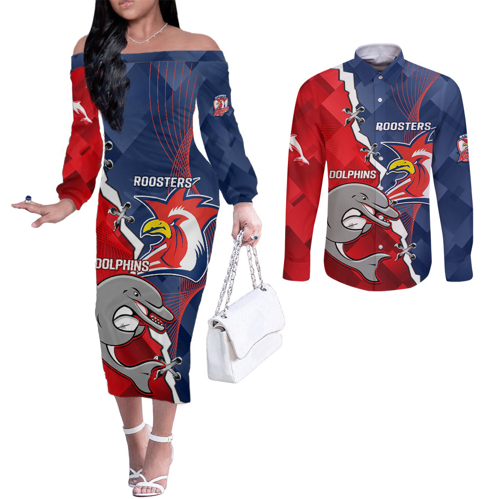 Personalised Dolphins And Roosters Rugby Couples Matching Off The Shoulder Long Sleeve Dress and Long Sleeve Button Shirt NRL Sporty Style