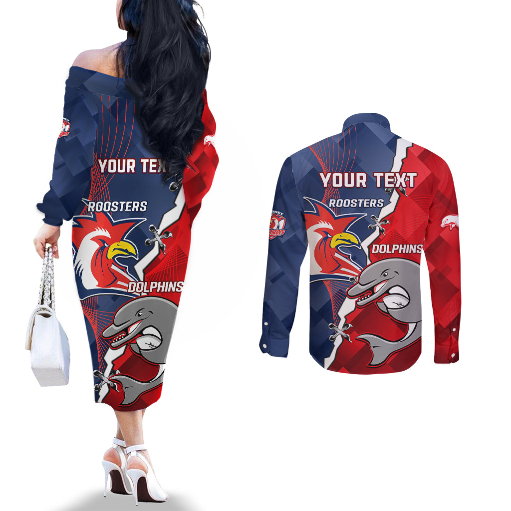 Personalised Dolphins And Roosters Rugby Couples Matching Off The Shoulder Long Sleeve Dress and Long Sleeve Button Shirt NRL Sporty Style