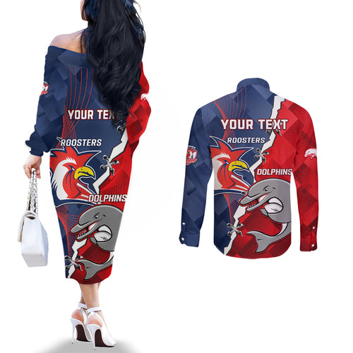 Personalised Dolphins And Roosters Rugby Couples Matching Off The Shoulder Long Sleeve Dress and Long Sleeve Button Shirt NRL Sporty Style