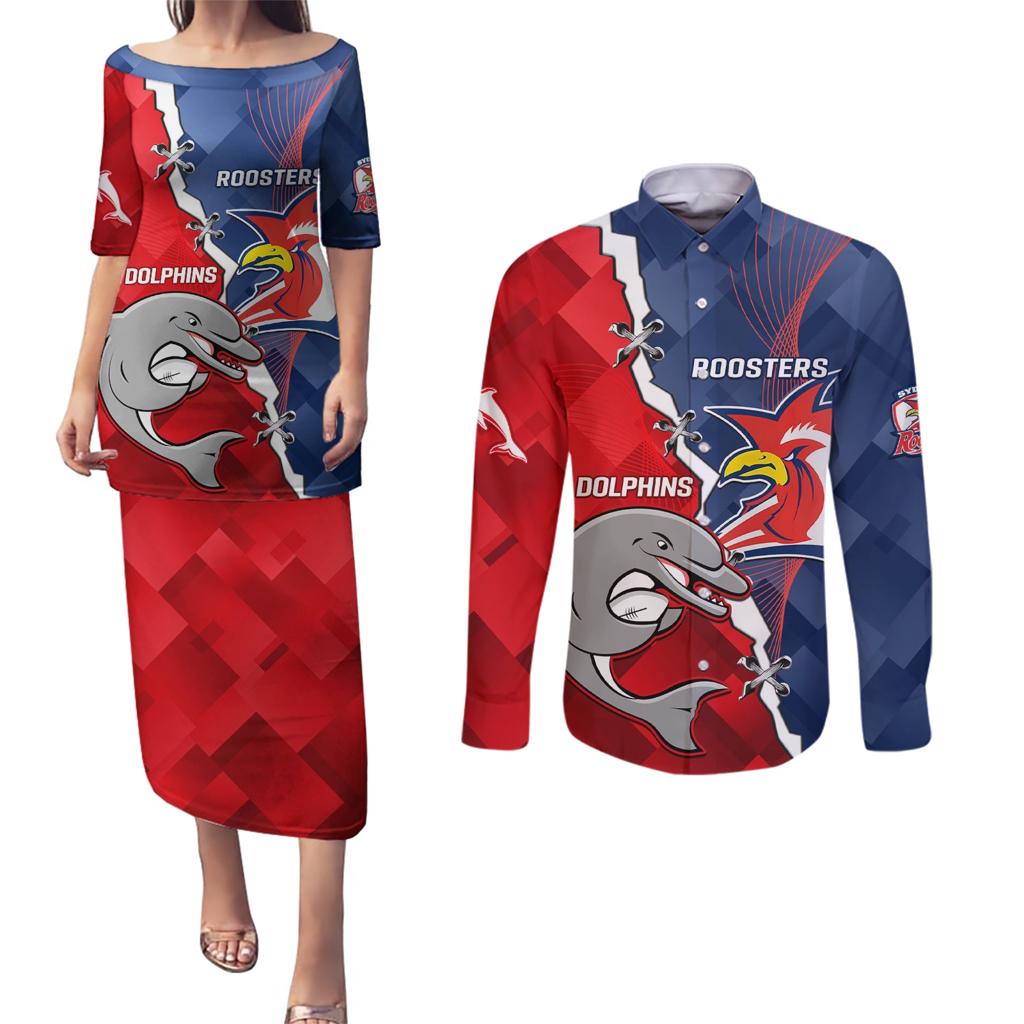 Personalised Dolphins And Roosters Rugby Couples Matching Puletasi and Long Sleeve Button Shirt NRL Sporty Style