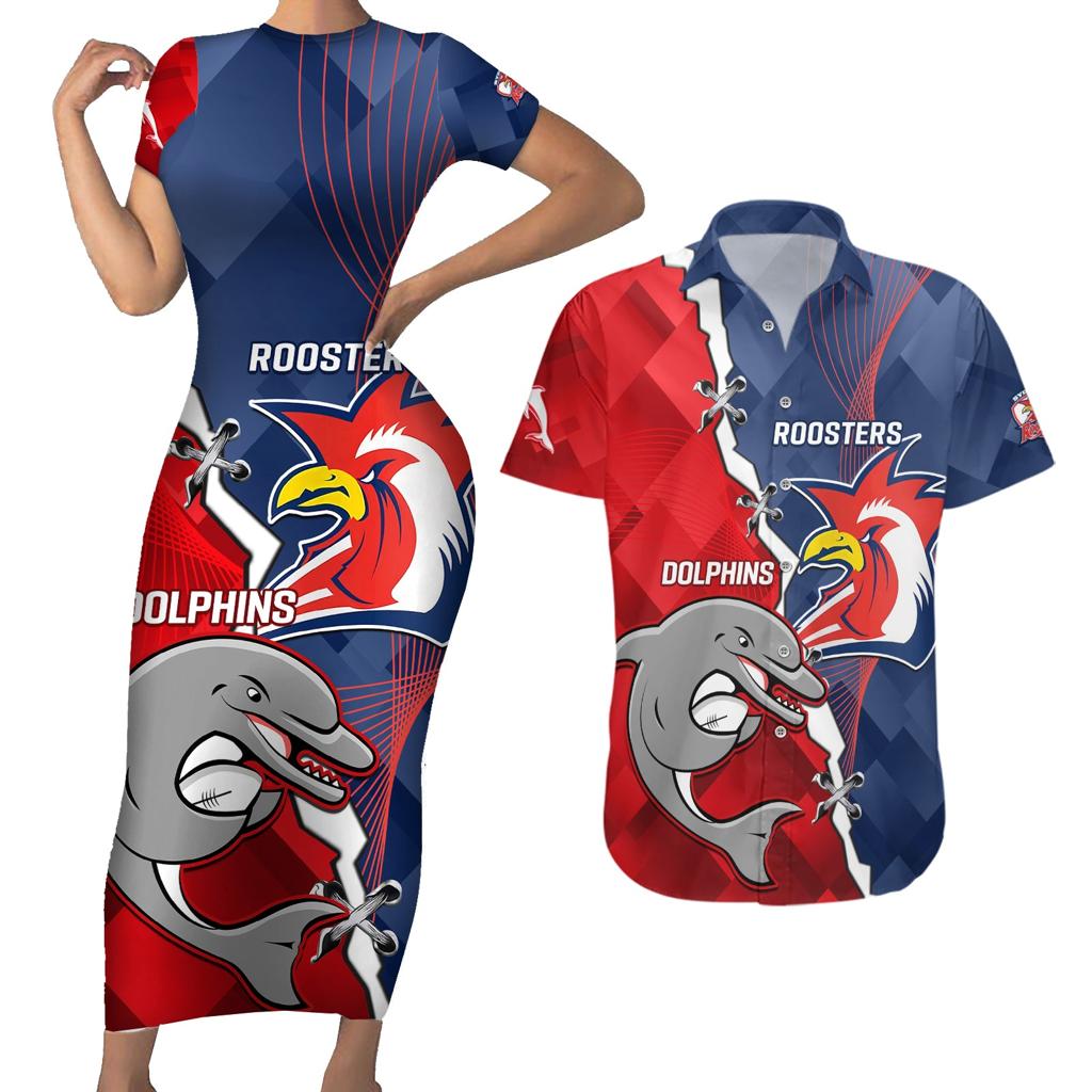 Personalised Dolphins And Roosters Rugby Couples Matching Short Sleeve Bodycon Dress and Hawaiian Shirt NRL Sporty Style