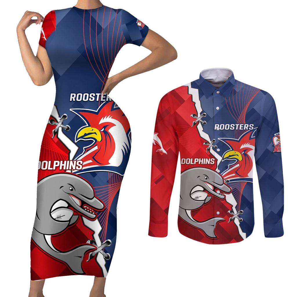 Personalised Dolphins And Roosters Rugby Couples Matching Short Sleeve Bodycon Dress and Long Sleeve Button Shirt NRL Sporty Style