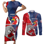 Personalised Dolphins And Roosters Rugby Couples Matching Short Sleeve Bodycon Dress and Long Sleeve Button Shirt NRL Sporty Style